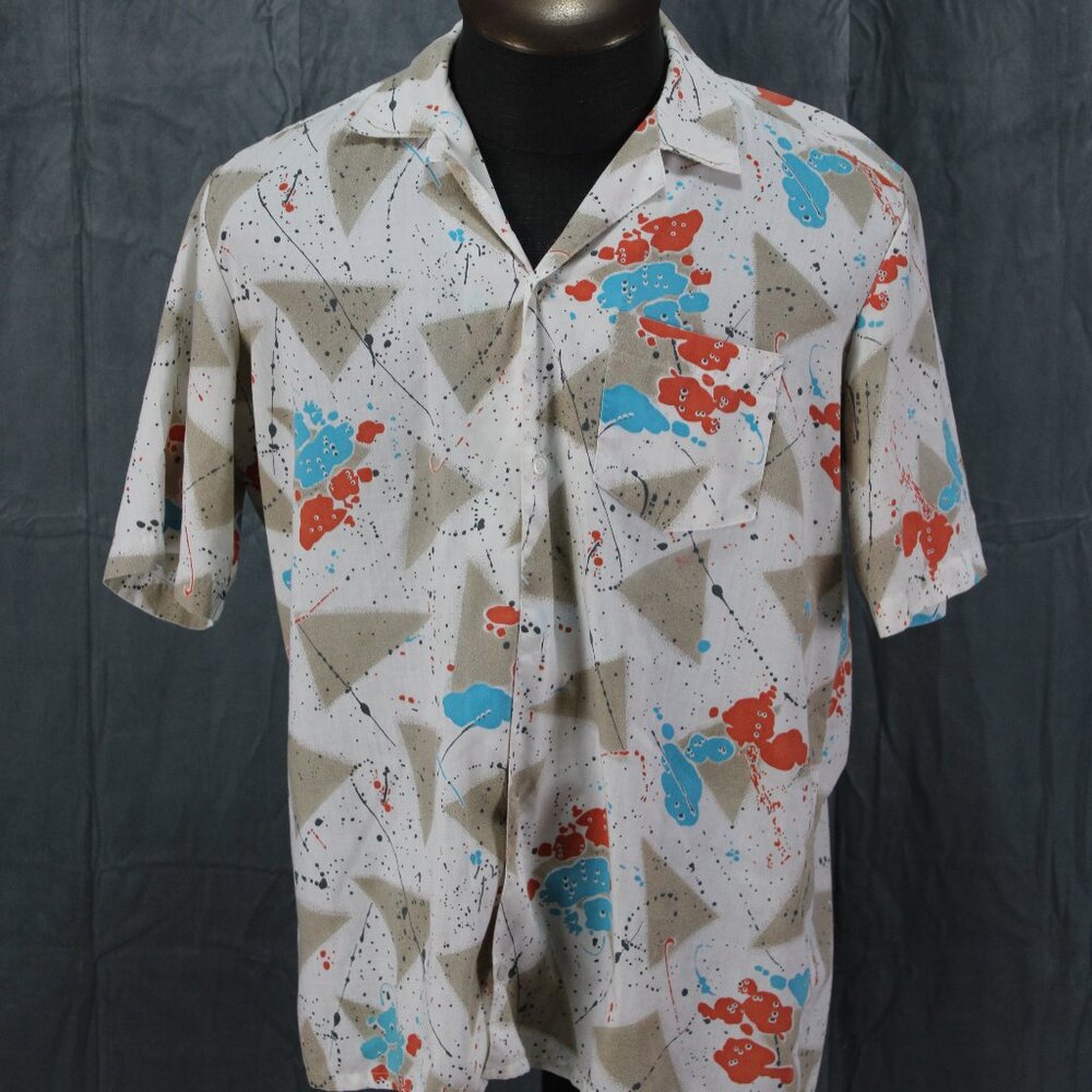 Vintage Button Down Shirt - Adstract Triangle and Splatter Pattern - Men's Large